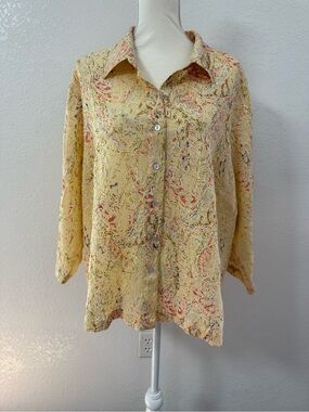 FIRST ISSUE Button-Up Collared Woven Shirt 3/4 Sleeve Abstract Beige 3X